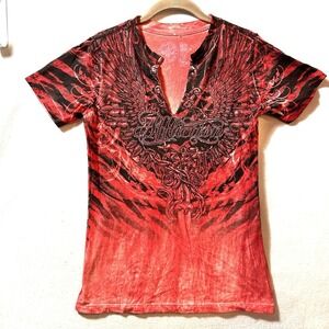 Affliction‎ Wings Skull T-Shirt S Small Black Red Orange Spellout Babydoll